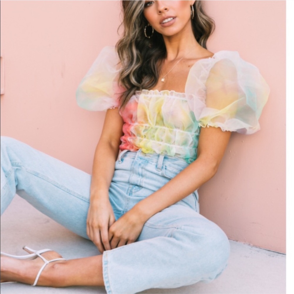 Verge Girl sheer rainbow puff sleeve top